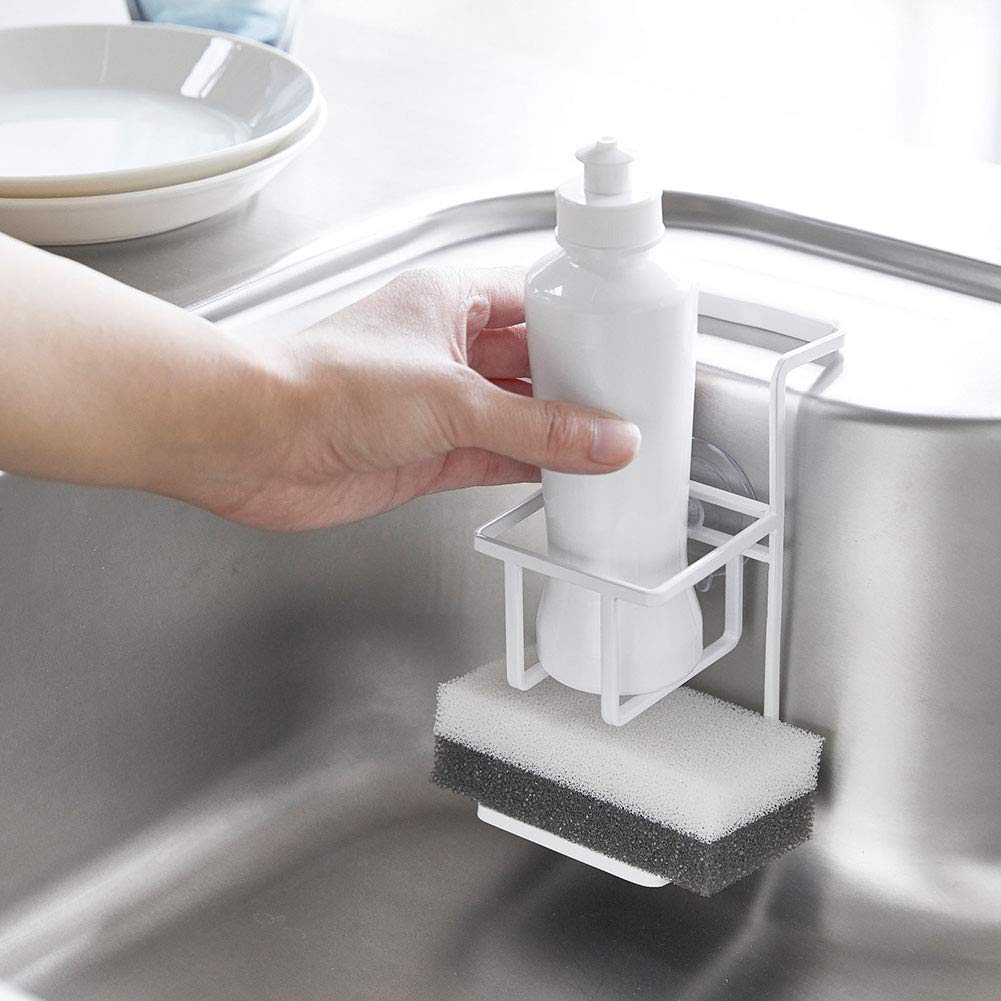 Yamazaki Suction Cup Sponge Bottle x D10 x Tower Sponge Holder with 4774 & Holder, White, Approx. W6.5 H15cm, Non-Slip Ricon,