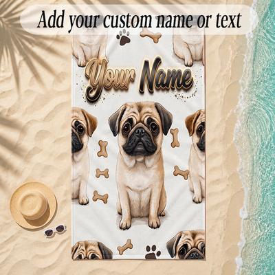 Pug Theme Soft Beach Towel Personalized Custom Name Text Towel Portable for Beach Pool Travel