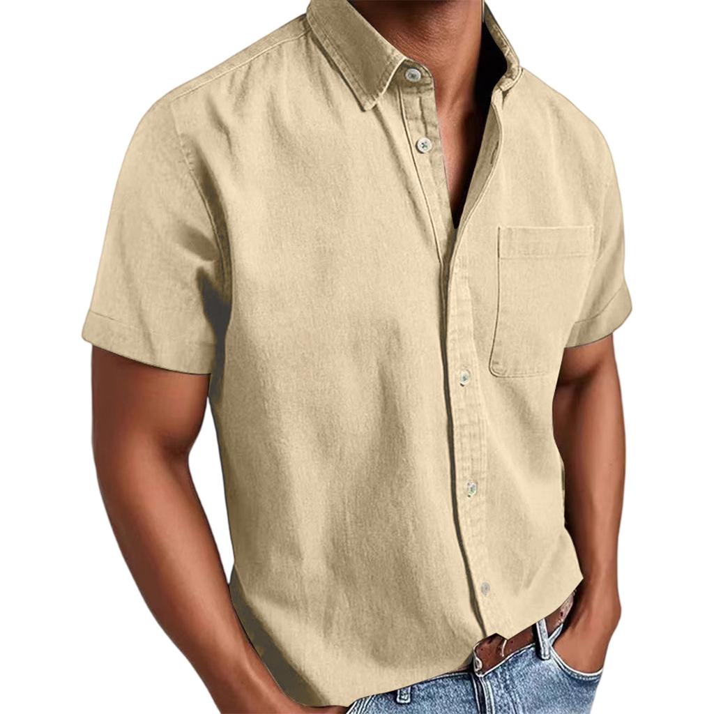 Men'S Fashion Collar Solid Color Shirt Casual Short Sleeved Top
