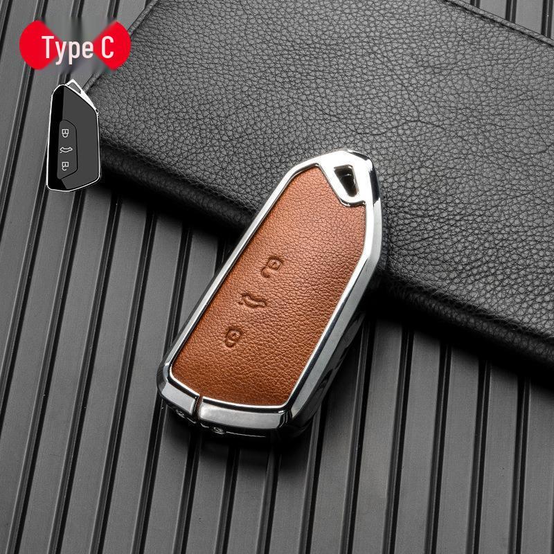 Volkswagen/Skoda Double-Sided Leather Zinc Alloy Car Key Case - Non-Signal Blocking, Full-Wrap Design