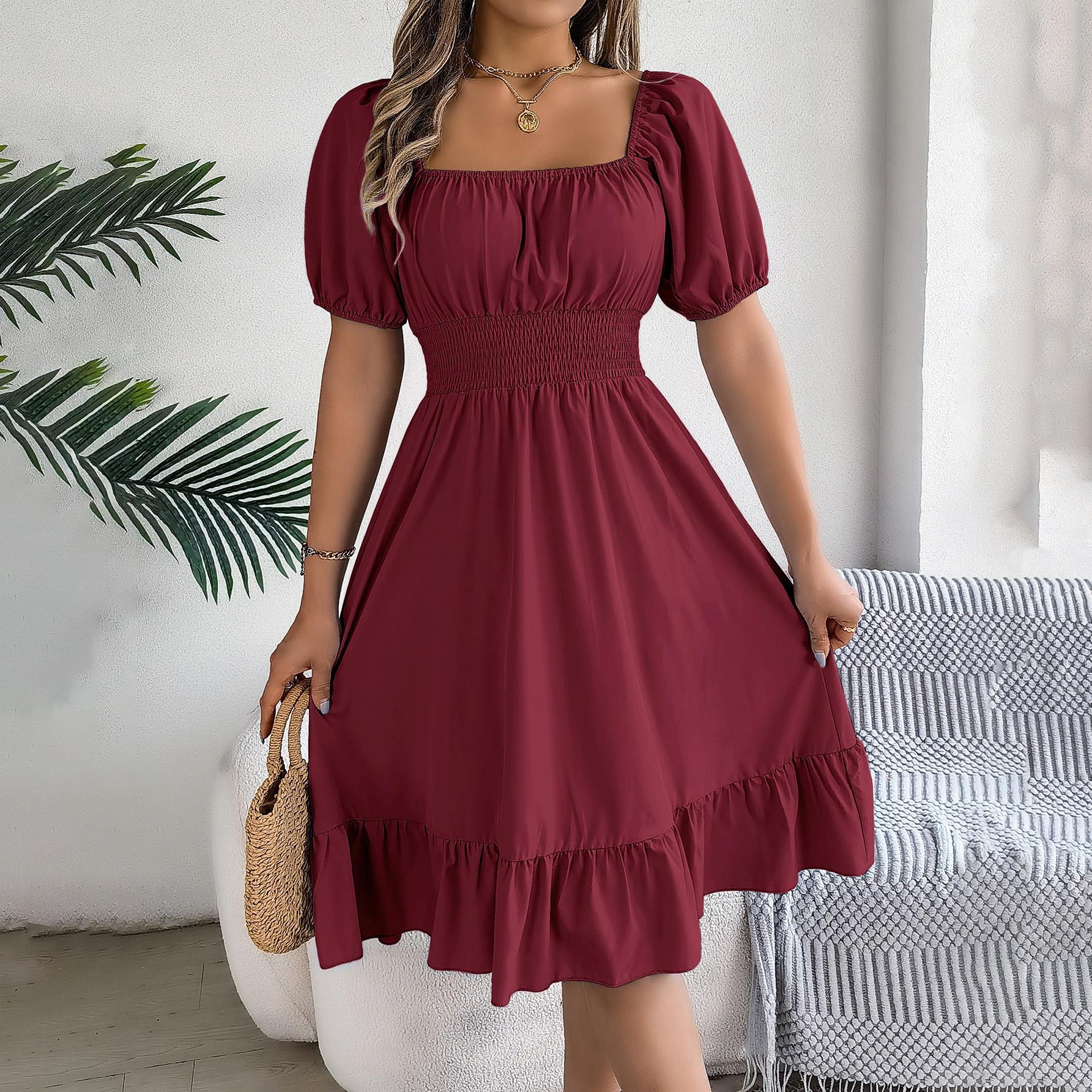 

Женское весенне-летнее темпераментное платье со шнуровкой, однотонное, с высокой талией, короткими рукавами, плиссированное L бордовый