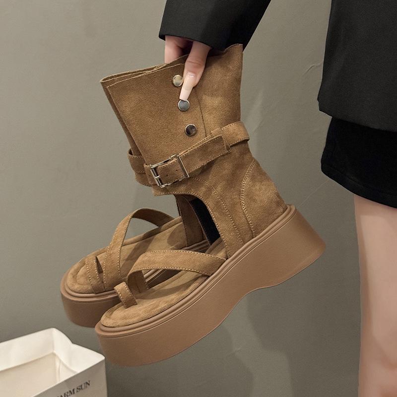 Vintage thick-soled Roman cool boots for women's 2025 summer new fashion set-toed high-top sandals heightened zipper short boots