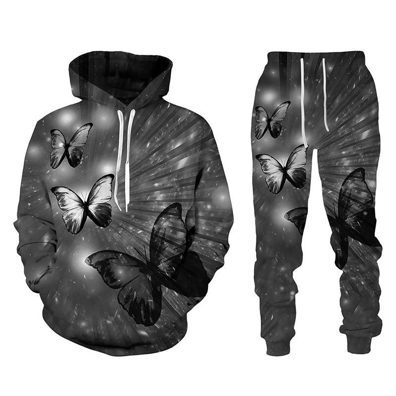 3D Butterfly Printed Men's 2-piece Outfits Casual Men Women Hooded Sweatshirt Suit Autumn Oversized Fashion Tracksuit Pants Sets