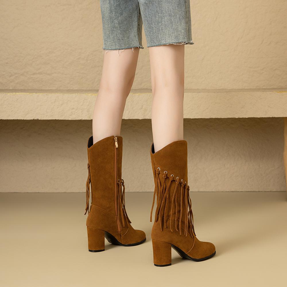 Winter Black Yellow Women Mid Calf Boots Round Toe High Heel Small Big Size 33 52