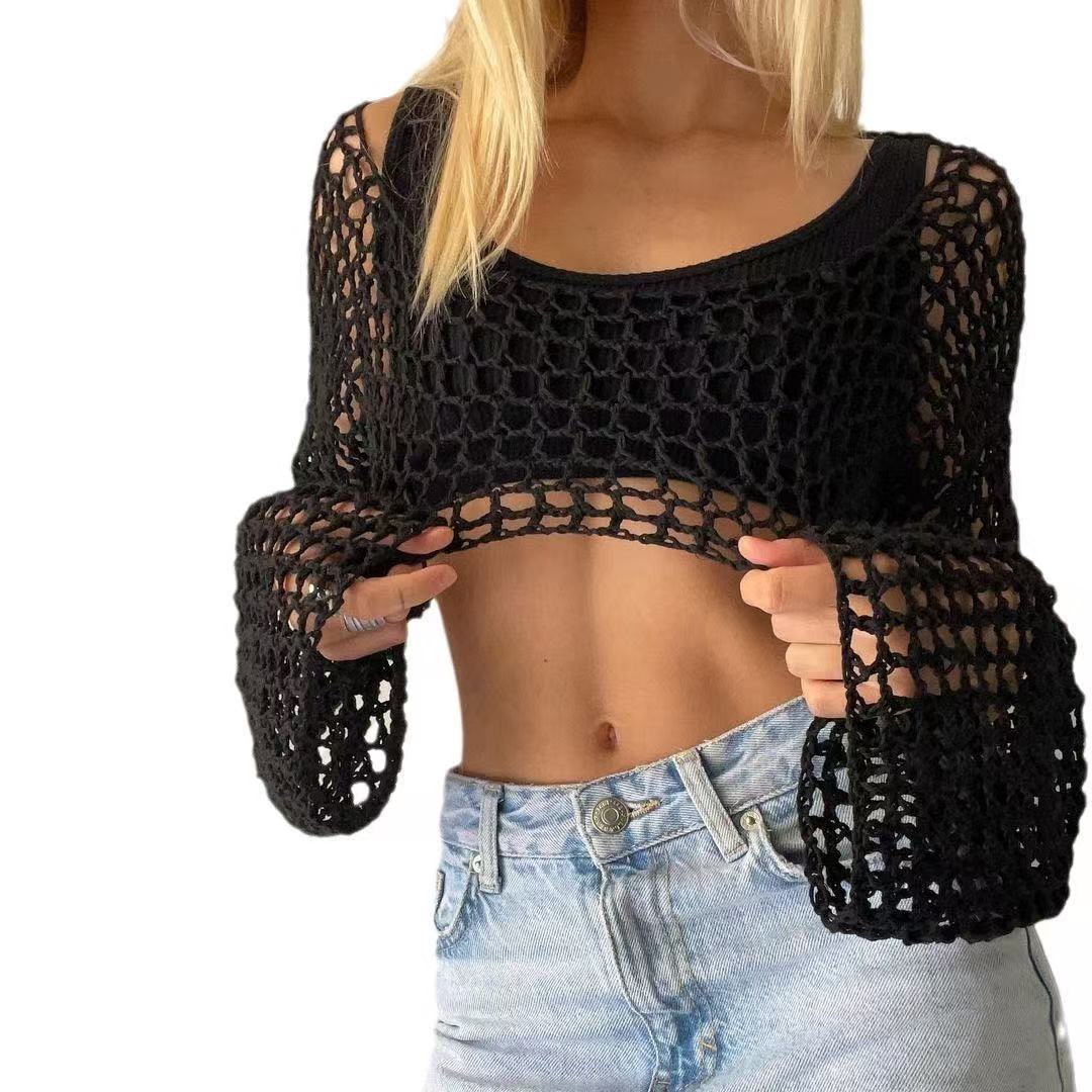 

Девочки Весна/Лето/Осень Фестивальный Модный Стиль Простой Повседневный Короткий Ажурный Вязаный Свитер Худи ONE SIZE чёрный