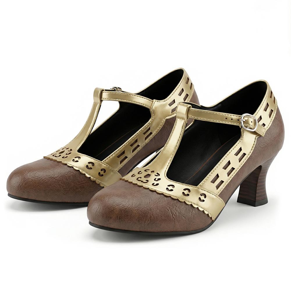 Women T-Strap Pumps  Kitten High Heels Cutout PU Shoes Small Oversize Plu Size 32 50