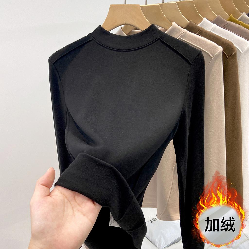 Fleece polished small stand-up neck bottoming shirt women's spring fishbone front shoulder slim-fitting long-sleeved T-shirt with top inside