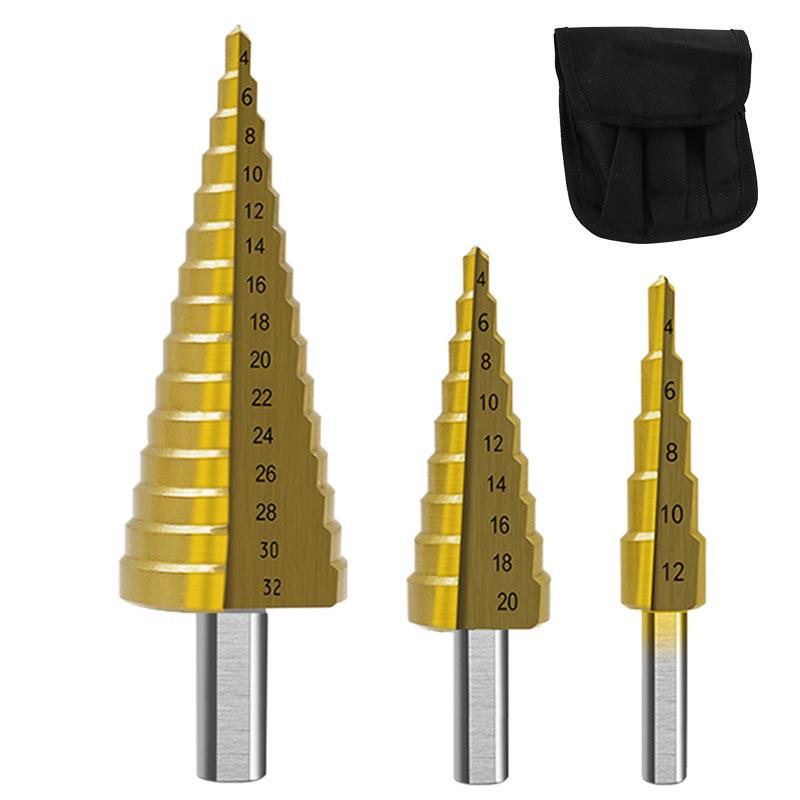 Stufenbohrer aus Stahl mit Dreiecksmuster für PVC, Holz und Metall – Verpackung im Stoffbeutel
