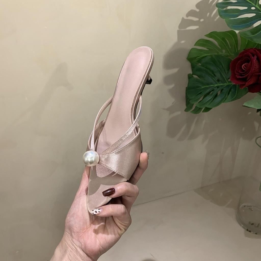 2025 Summer New Style Medium and High Stiletto Women's Slippers Pointed Toe Open-toed Foot Strap Wear Evening Shoes
