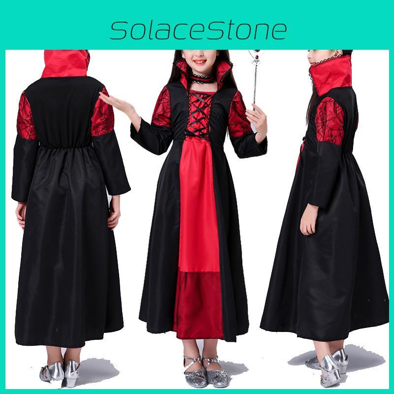 Enchanting Kids Girls Queen Costume Lace Up Witch Dress For Halloween Cosplay