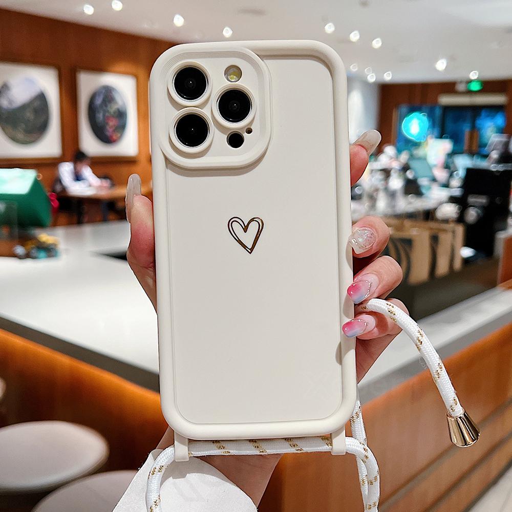 

Crossbody Lanyard Strap Heart Thickened Silicone Case for iPhone 15 Pro Max 14 13 12 11 XR XS 7 8 Plus SE Soft Protection Cover For 7-8-SE2-SE3&Case & Strap