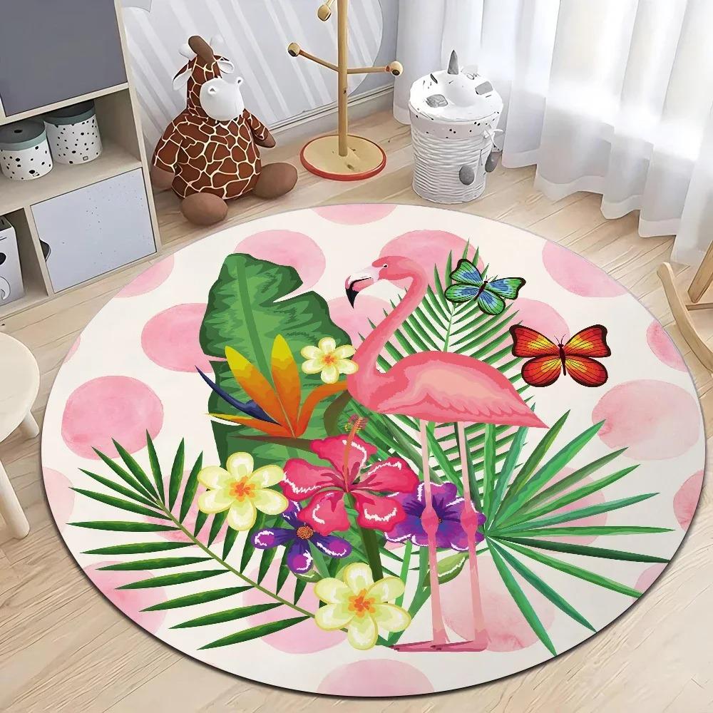 Pink Flamingo Round Rug Non-Slip Machine Washable Rug Home Decoration Bedroom Living Room Use