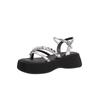 Summer new slope heel toe sandals women's rhinestone word with open toe silver thick-soled cool slippers