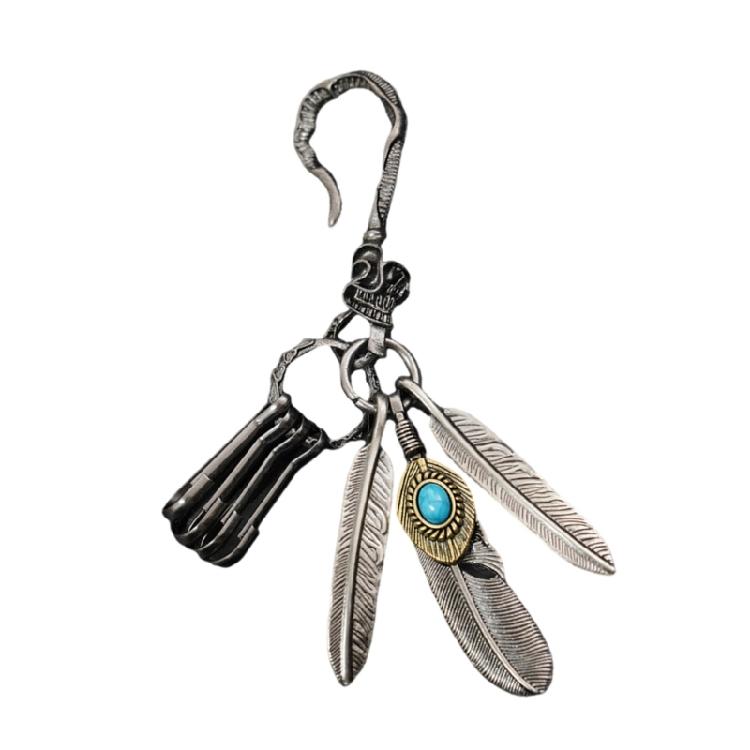 Distinctive Feather Keychain Charm In Antique Silver With Turquoise for Individualistic Fashion Statements Pieces