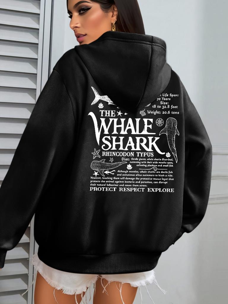 Creative Whale Shark With Letters Print Woman'S Streetwear Soft Trendy Hoodies Solid Color Warm Clothes Loose Hip Hop Hoody