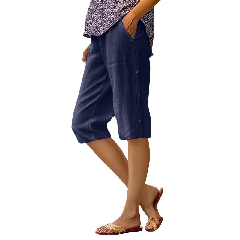 Women's Olive Green Linen Blend Capri Pants with Side Button Detail Casual Loose Summer Trousers