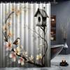 1Pc Floral And Bird Patterned Shower Curtain With Hooks, Machine Washable Polyester, Suitable For Bathroom Dcor.