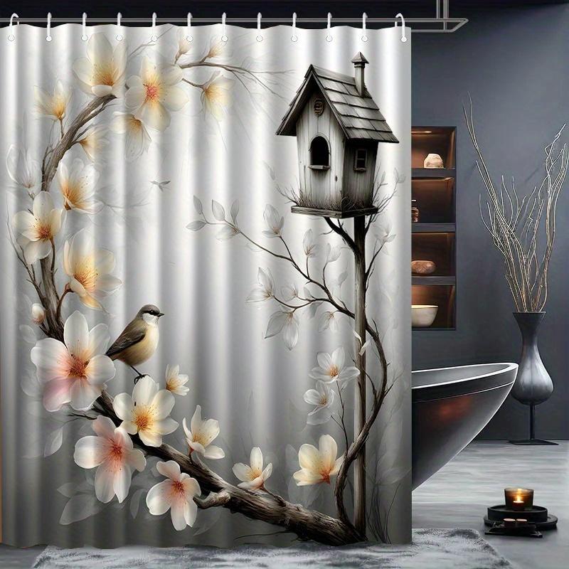 1Pc Floral And Bird Patterned Shower Curtain With Hooks, Machine Washable Polyester, Suitable For Bathroom Dcor.
