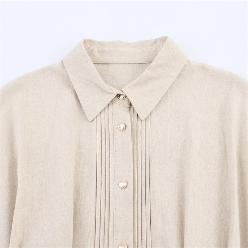 Women's Turn Down Collar Short Sleeve Midi Dress Loose Fit Mid Rise Linen Blend Shirt Dress With Matching Belt