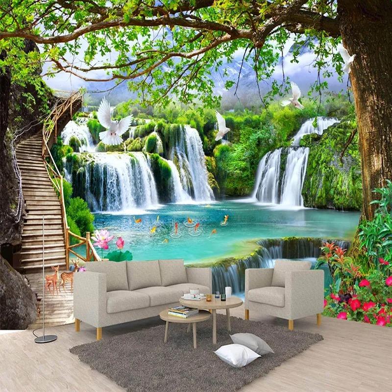 Modern Mural 3d Green Tree Wallpaper Waterfalls Landscape Murals Living Room Bedroom Home Decor 3d Wall Mural