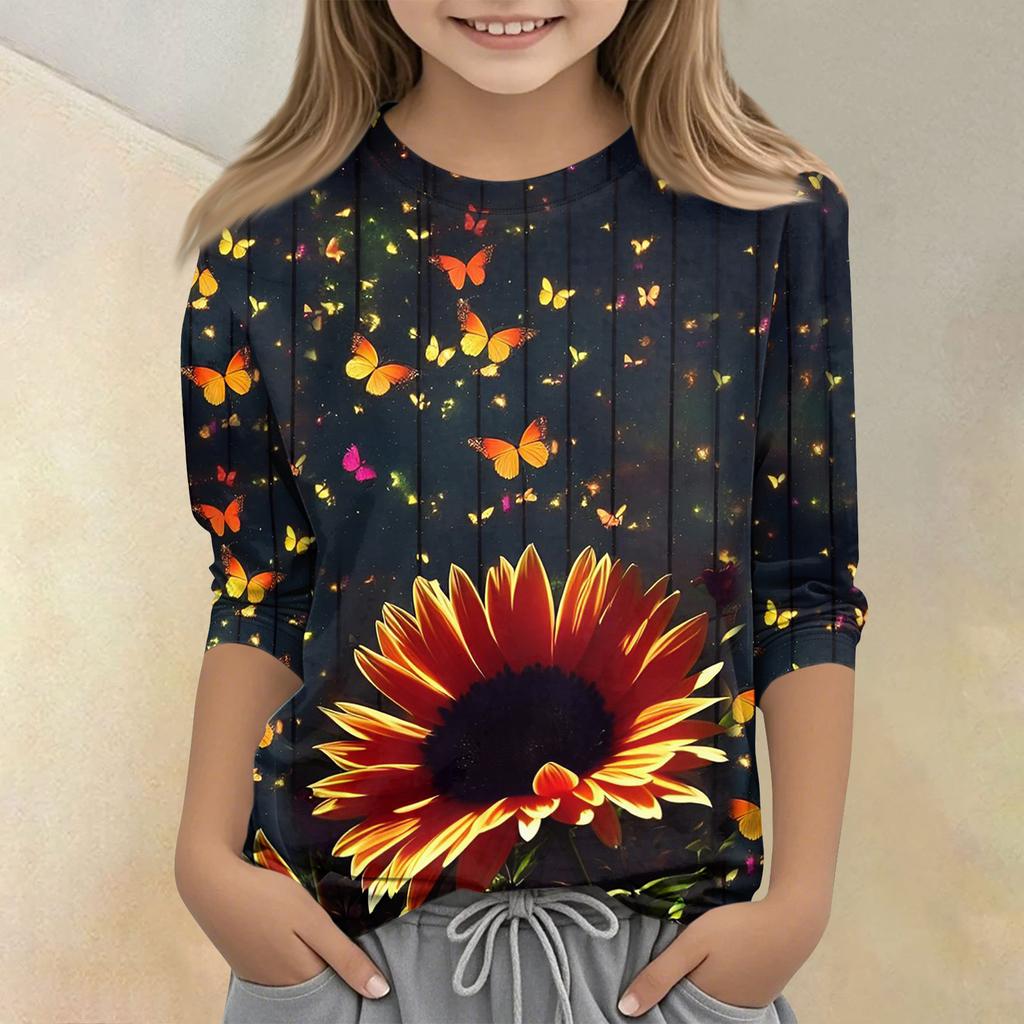 Kinder bedrucktes Rundhals Siebenviertelarm Freizeit T-Shirt