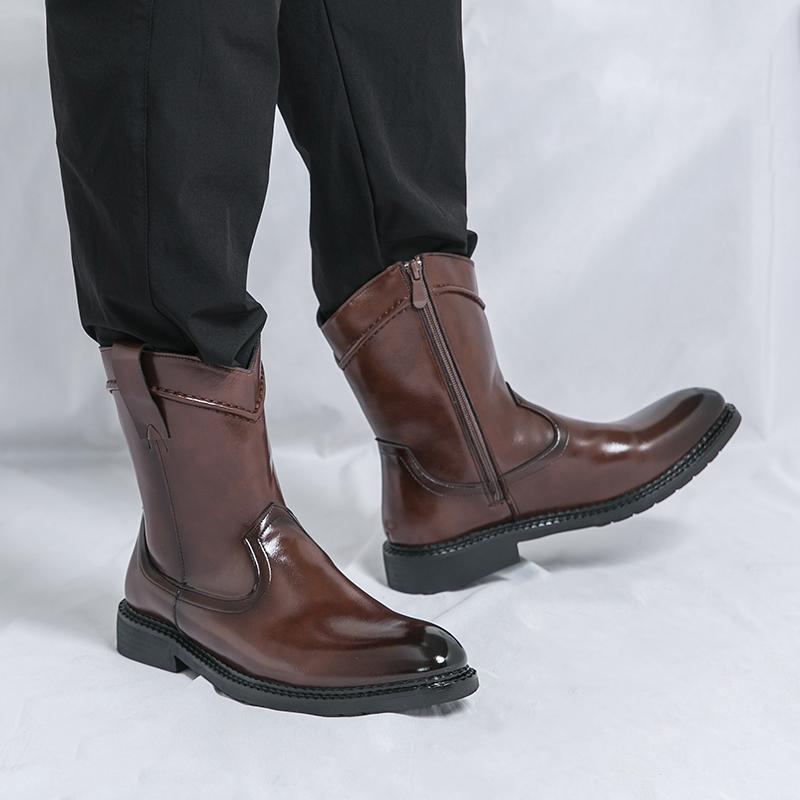 Men’s Western Cowboy Boots Pointed Toe Motorcycle Boots Black Brown Casual Retro Dress Zipper Leather Men’s Shoes Plus Size
