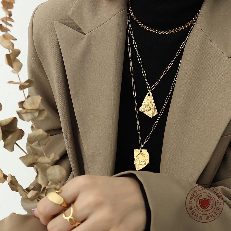 French Baroque Pearl Necklace: Irregular Portrait Design In Titanium Steel Sweater Chain