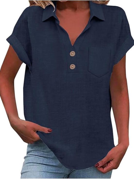 European Women's Cotton Linen Short Sleeve Lapel Button Shirt