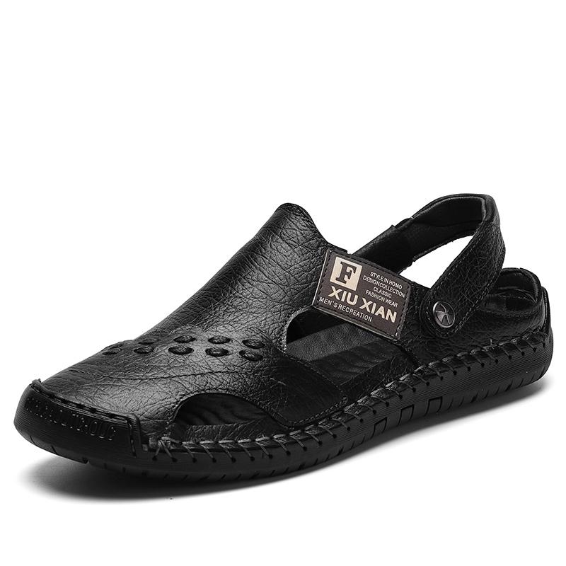 

WAERTA Классические летние мужские сандалии из натуральной кожи Мягкие дышащие туфли Дизайнерские пляжные римские брендовые сандалии Мужские сандалии Шлепанцы 48 чёрный