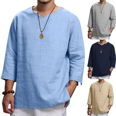 New Men's Top Men's Long-sleeved V-neck Cotton and Linen Loose Shirt