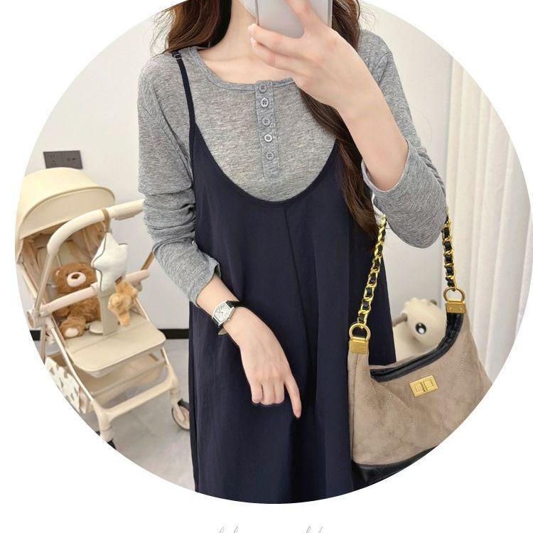 Korean Style Maternity Spring Set: Elegant Long Sleeve Top & Tulip Strap Dress XL