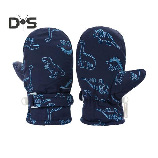 1 Pair Children Winter Mittens Thick Plush-lined Windproof Cartoon Dinosaur Cold Weather Outdoor Gloves Adjustable Fasten Strap Anti-Slip Ski Gloves