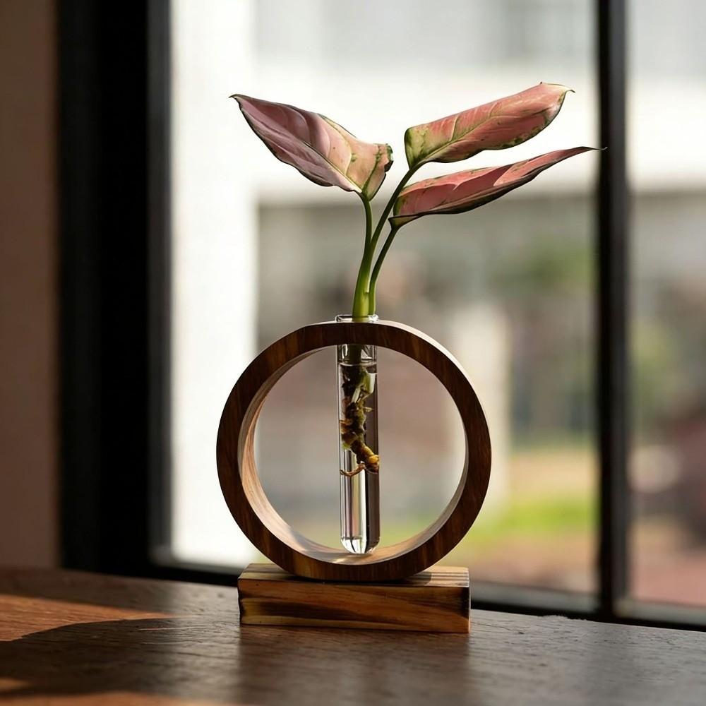 Handicraft Wooden Tube Vase Home Decoration Desktop Ornaments Decorative Vase Geometric Hollow Hydroponic Flower Pot Office
