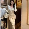 Pure desire style long-sleeved temperament dress autumn slim-fitting tight mid-length waist split skirt long dress