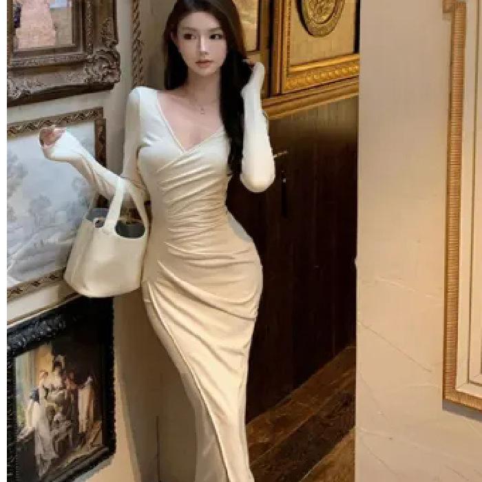 Pure desire style long-sleeved temperament dress autumn slim-fitting tight mid-length waist split skirt long dress