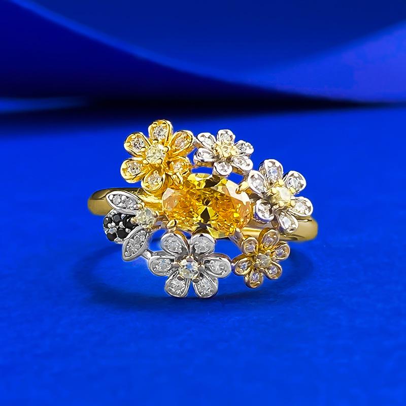 

Xiancan Luxury S925 Silver Yellow Diamond Flower Ring with Bee Design Size 9