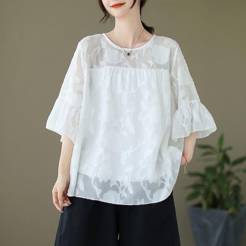 Elegantní plus size topy s krátkým rukávem ze síťoviny dámská letní volná tenká trička