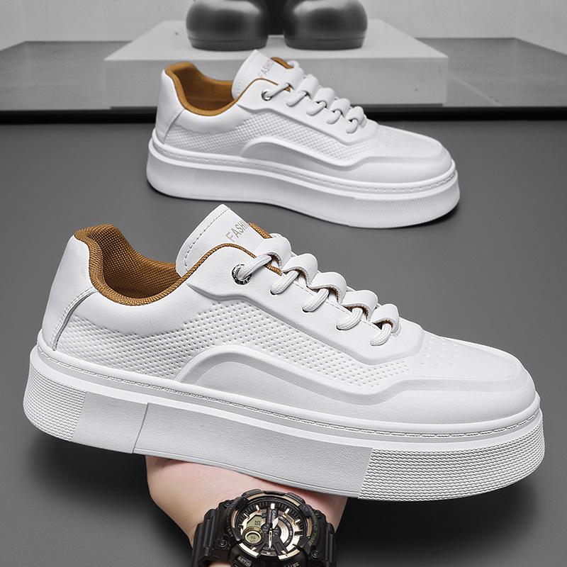 Men's Trendy Breathable White Leather Sneakers: Versatile, Thick-Soled Casual Shoes
