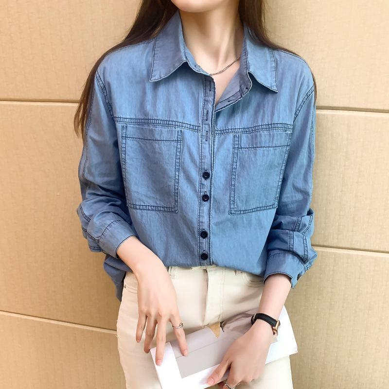 Retro Denim Shirt - Women's Spring 2024 Casual Turn-Down Collar Top