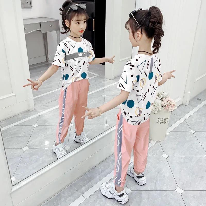 Girls Suit Summer Sports Leisure Loose and Breathable Children's Clothing Girl Short-sleeved Trousers Letter Printing All-match Two-piece Set