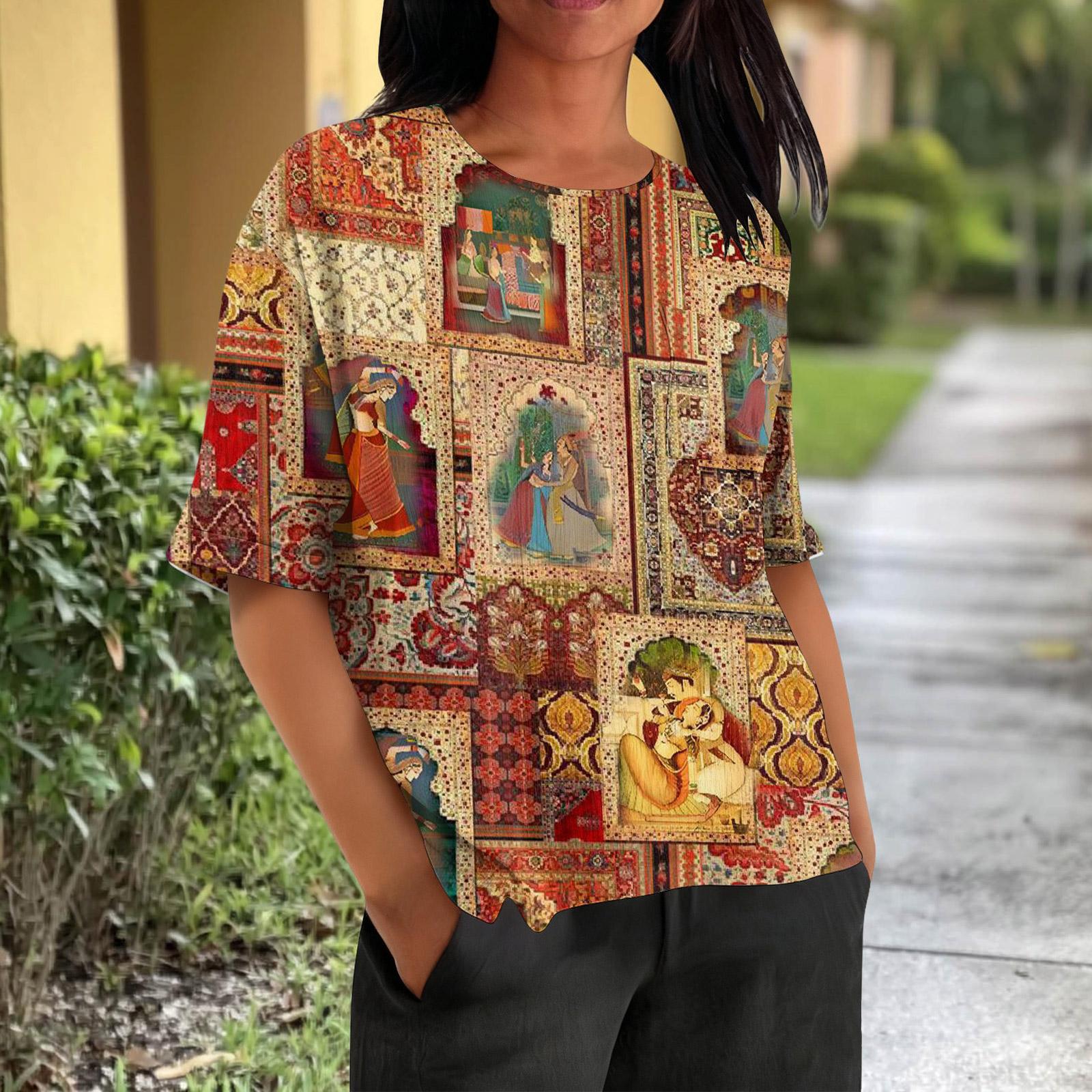 

Модная женская футболка с коротким рукавом, повседневный топ с карманами, ретро-принт, круглый вырез, легкий топ L шафрановый