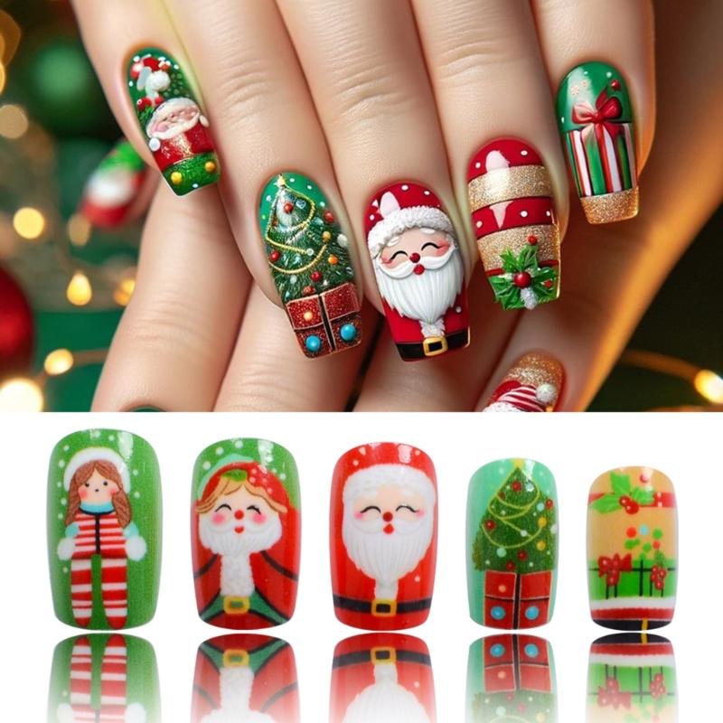 Elegant Christmas Nails with Santa Claus and Gift Box False Nails Full Cover Winter Acrylic Nail for Fashion Enthusiasts