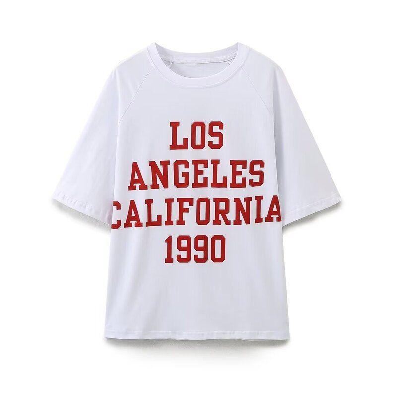 Fashion Style 2024 Summer Women's All-Matching Round Neck Short Sleeve Loose Contrast Color Letter Printing Cotton T-shirt 0085315