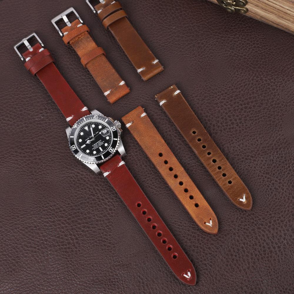 Vintage Genuine Leather Watch Band 19mm 20mm 22mm 24mm Brown Coffee Handmade Stitching Cowhide Strap Bracelet Watch Accessories
