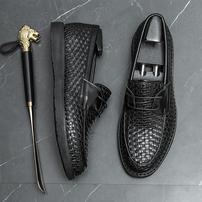 Leisure Weave Pattern Slip-on Business Black Formal Loafers Dress Shoes Summer Soft Moccasin Shoes Driving Pea Shoes Social Hot