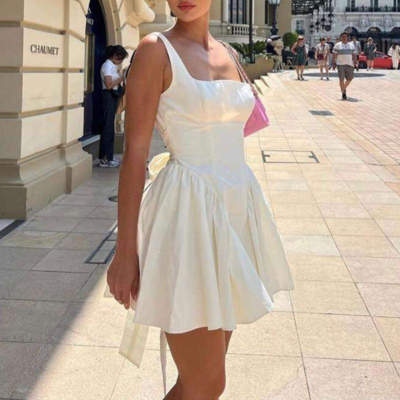 Vară Sexy Femei Suspendor Fără spate Rochie Sexy Curea Papion Fără mâneci Largă Croială Slim Plisată A-line Rochii Scurte de Petrecere Culoare Solidă Casual Simplă
