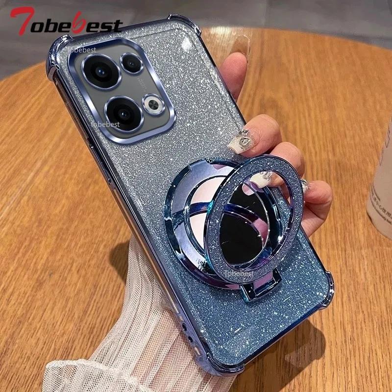 

Блестящий противоударный силиконовый чехол для OPPO Reno 13 12 12F 11 11F 10 9 8 7 Pro Plus 4G 5G Зеркальный магнитный держатель-подставка Мягкая накладка Reno 11F синий