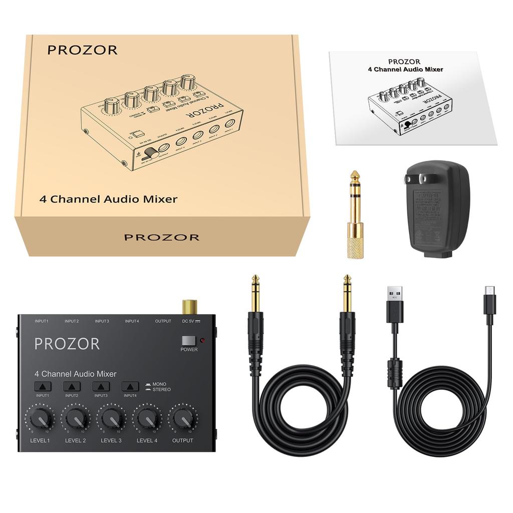 PROZOR 4-Channel Audio Mixer with 6.35mm Interface, 4 Inputs and 1 Output, Stereo Sound Mixer with Metal Shell, Anti-Interference, 6.35mm Audio