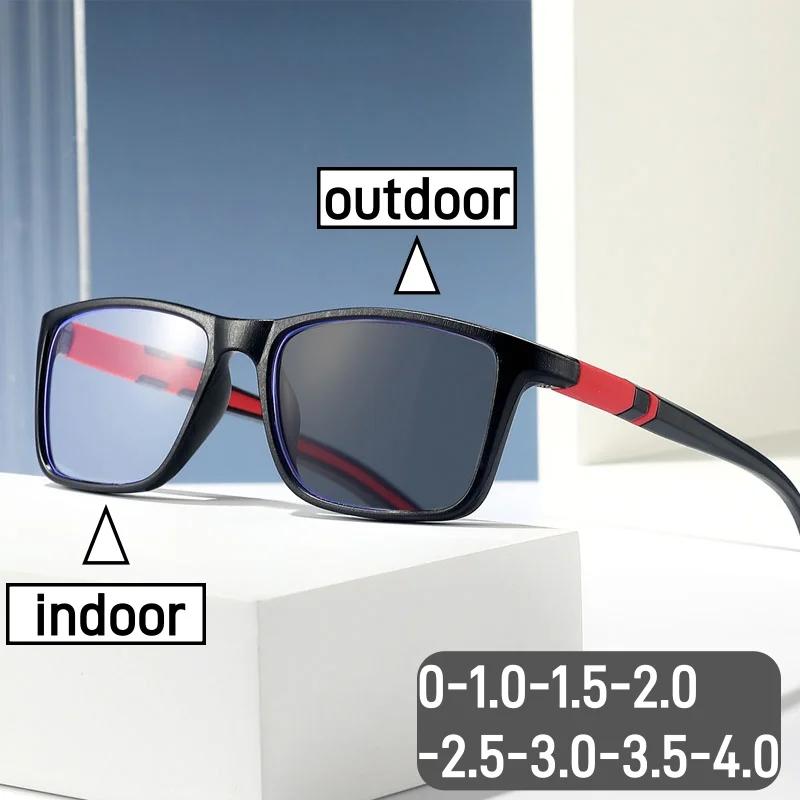 Photochromic Myopia Glasses for Men Women Sports Anti-blue Light Near Sight Eyewear Color Changing Black Red Frame Eyeglasses