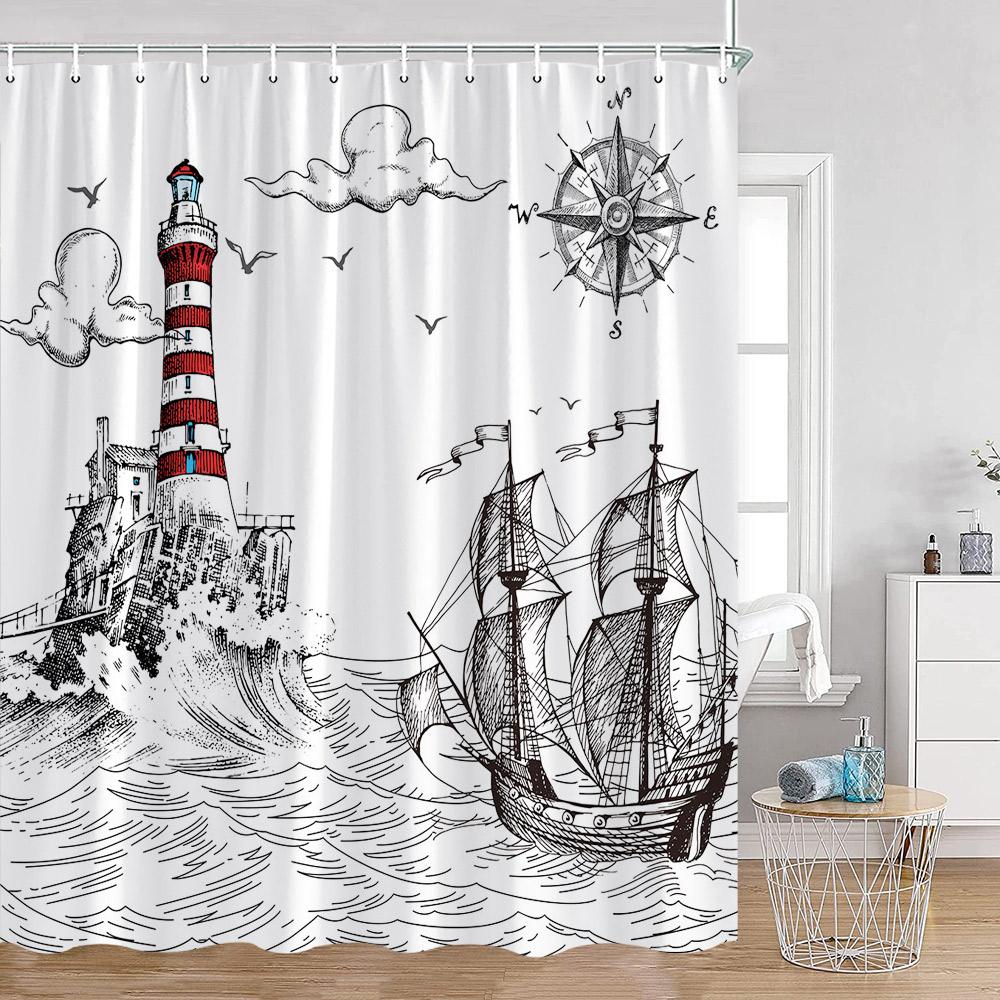 Nautical Cartoon Shower Curtain Lighthouse Sailboat Compass Adventure Treasure Map Bathroom Decor Kids Polyester Bath Curtain